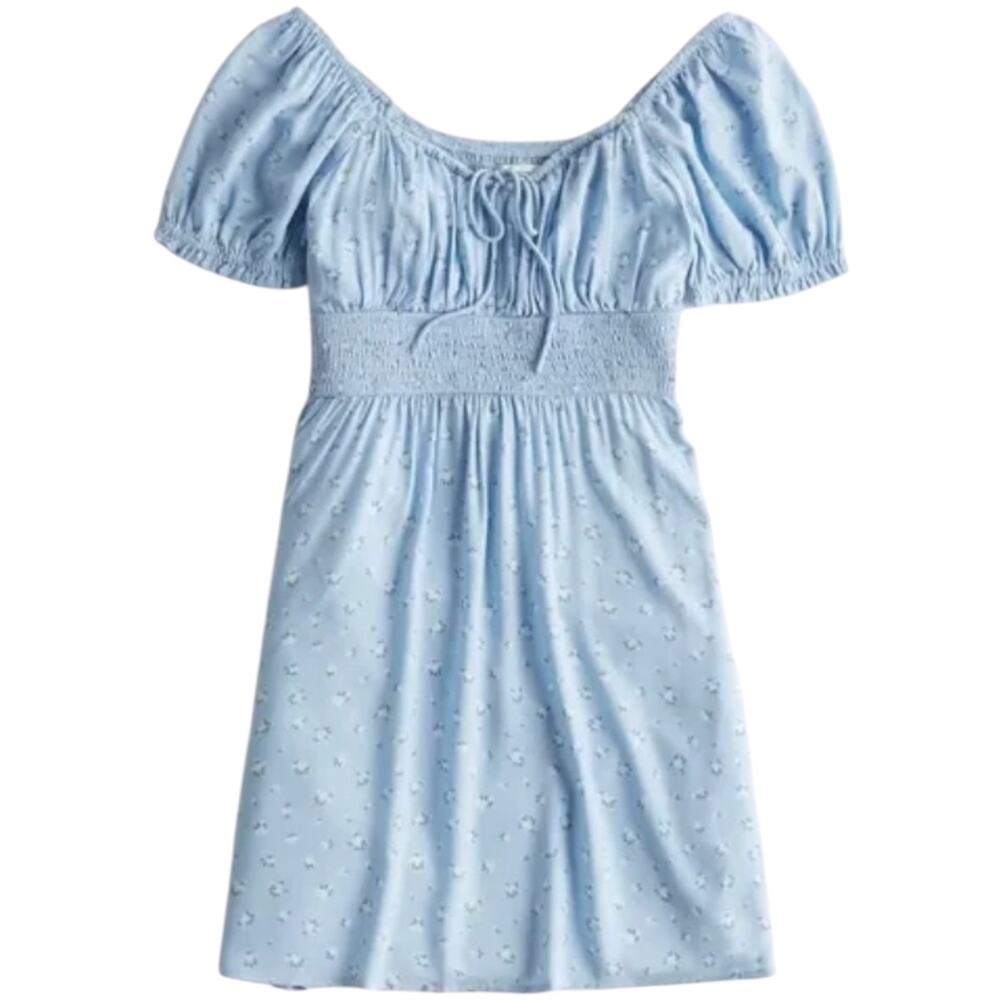 Hollister Smocked-Waist Puff Sleeve Dress Mini Tie Neck Floral Blue Small